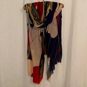 BECK SONDERGAARD 💯Wool Navy Cream Red Green Multicolor Street Print Scarf Wrap
